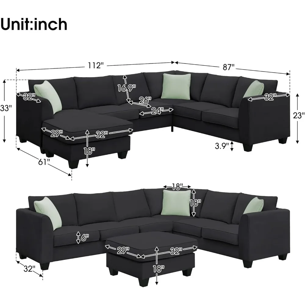 Modern Convertible Sectional Sofa,U Shape Sectional Sofa for Living Room, 7 Seat L Shaped Living Room Sofa Set with