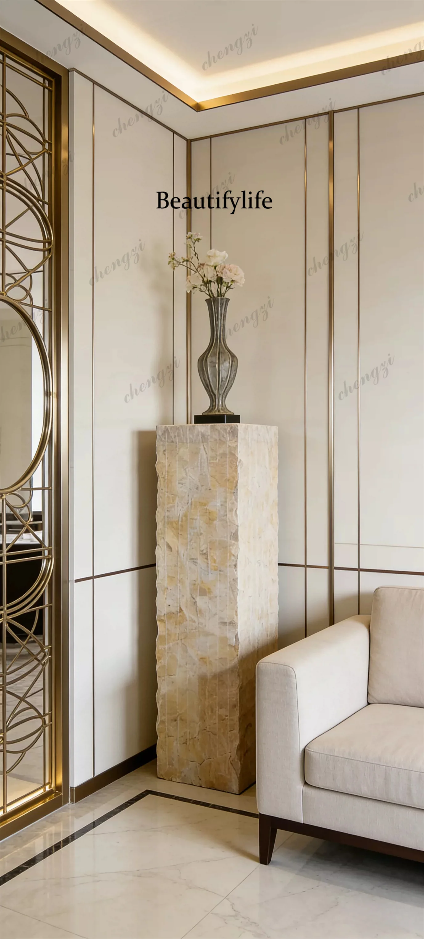 Pure handmade rough chiseled column light luxury entrance floor ornament living room corner vase sculpture base