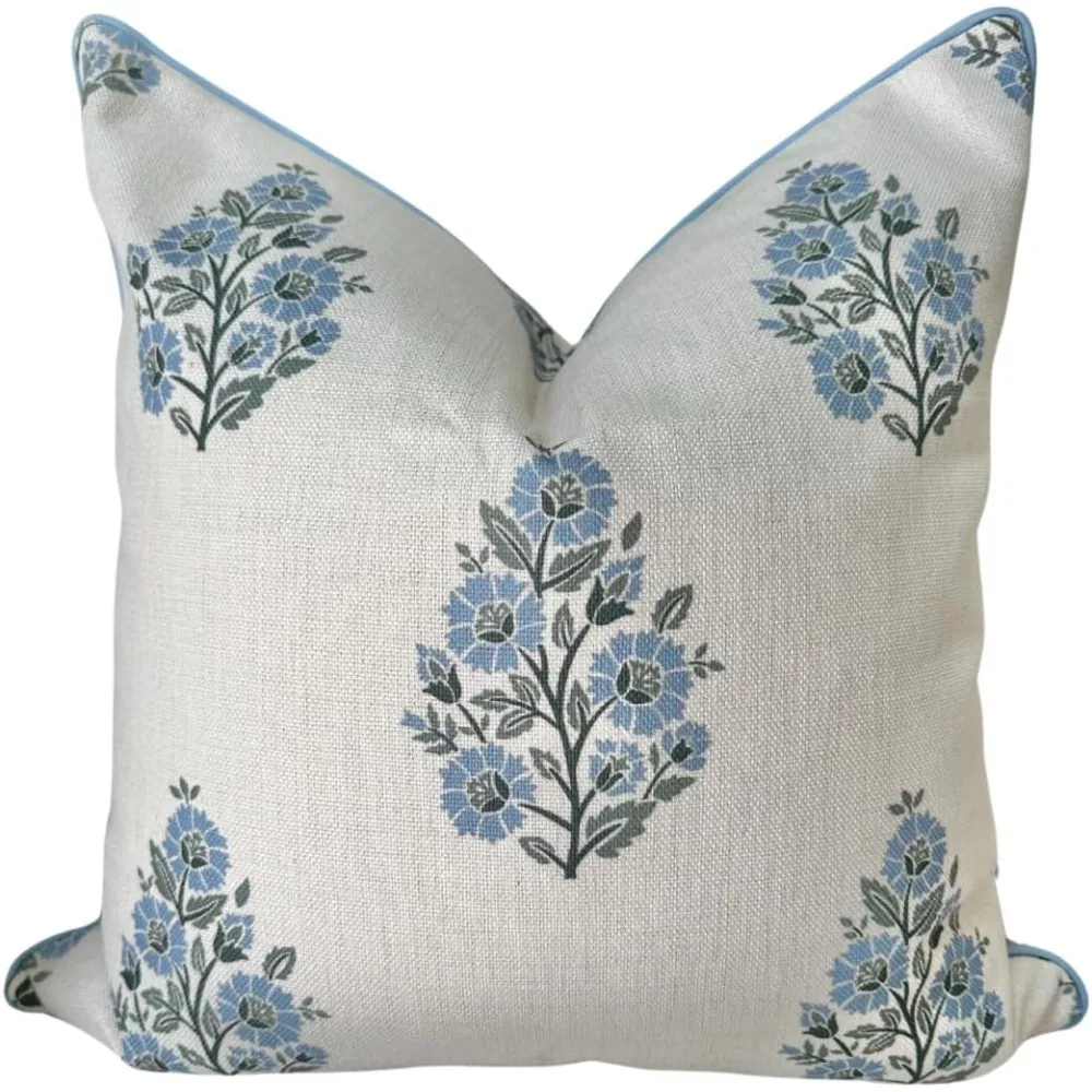 

“The Camille” Floral Block Print Pillow Cover – Soft Blue and Off-White Decorative Throw Pillow Cover – Grandmillennial Home Dec