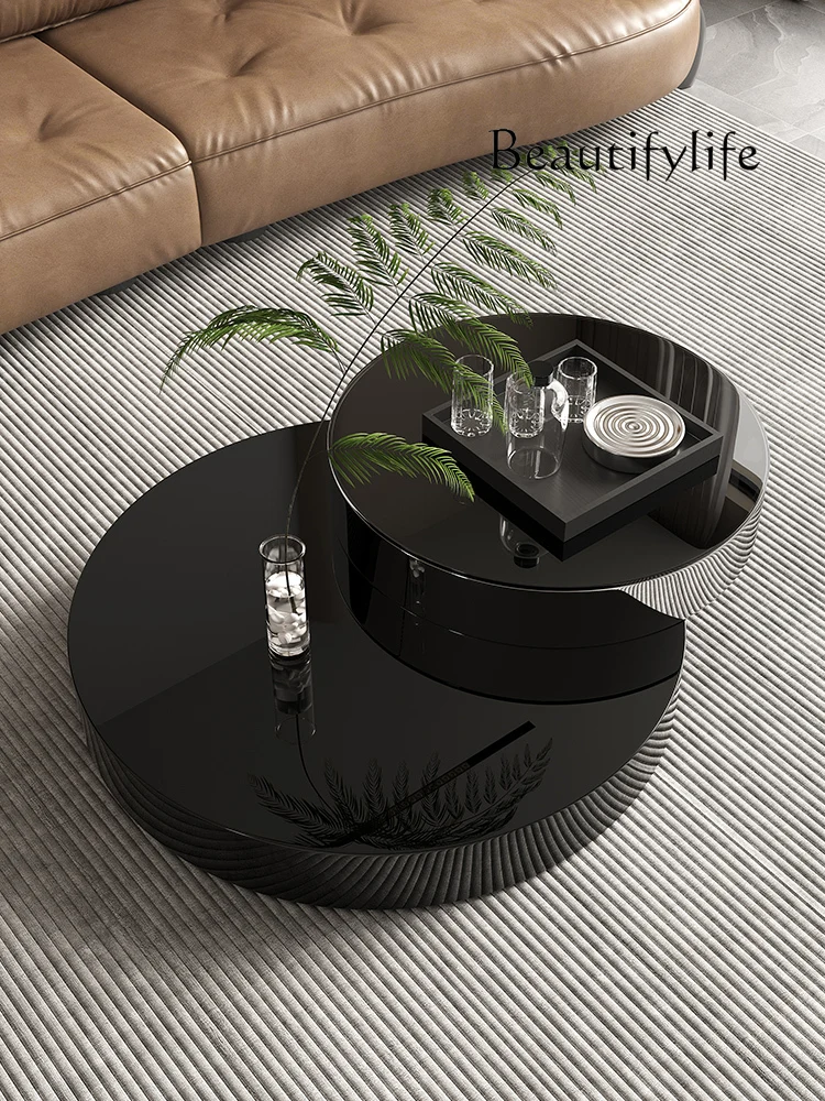 Light Luxury Modern Rotating Coffee Table Living Room Home Size round Black Glass Advanced Sense