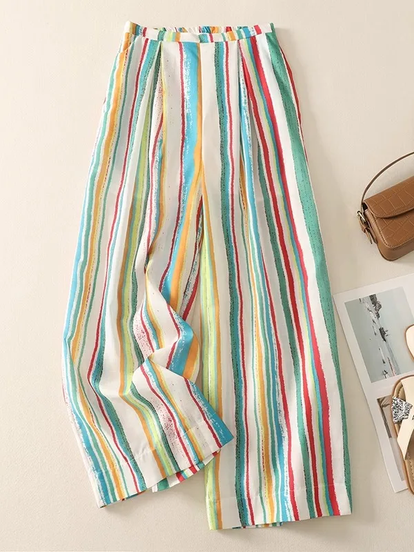 

Широкие брюки с высокой талией, женские полосатые пляжные брюки больших размеров, утягивающие прямые повседневные летние брюки