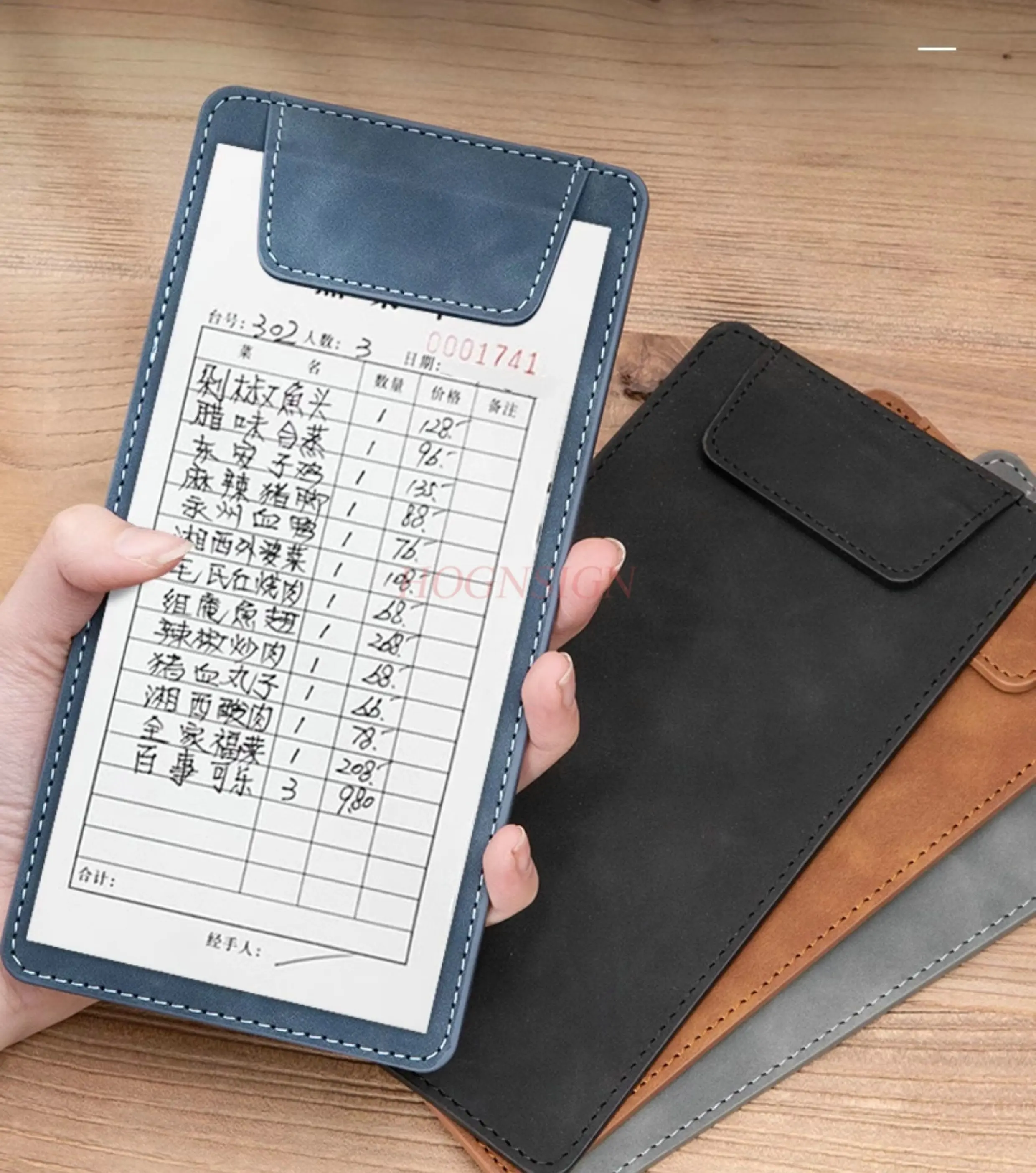 

Leather pad, writing menu, clamp, dining table, hotel beverage note holder, kitchen ordering board holder, tax receipt holder