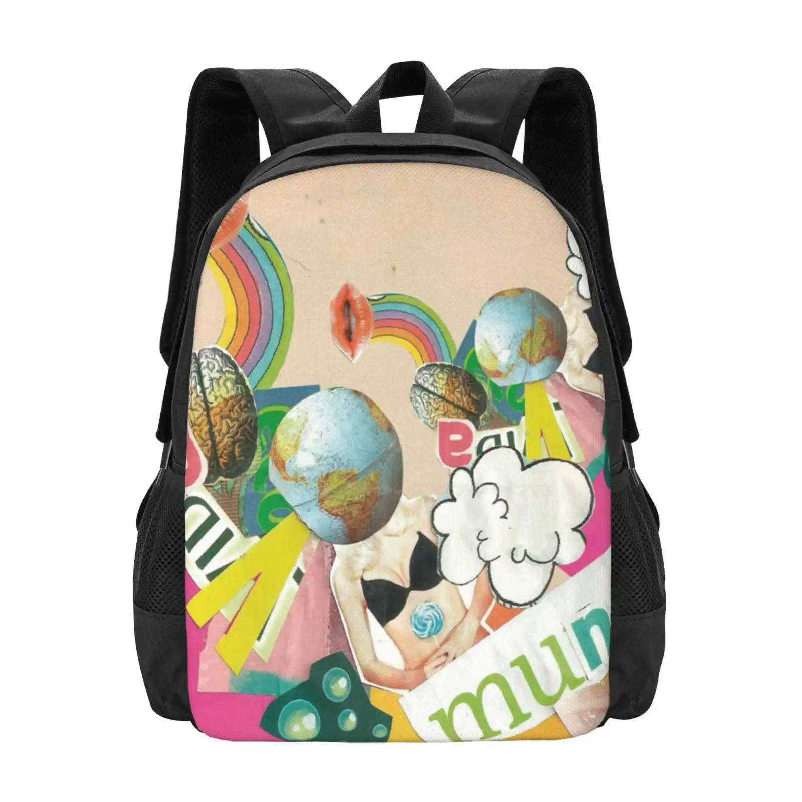 Collage Pop School Bag Big Capacity Backpack Laptop Collage Dadaismo Pop Art Color Nature Planet Woman Wainbow Green