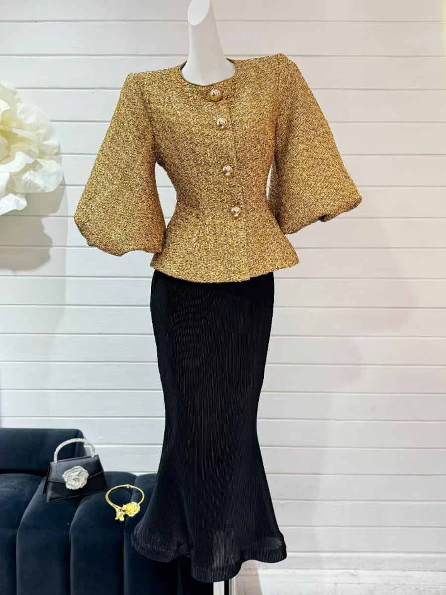 TWOTWINSTYLE Solid Slimming Temperament Coats For Women Round Neck Lantern Sleeve Tunic Patchwork Single Breast Jacket Female