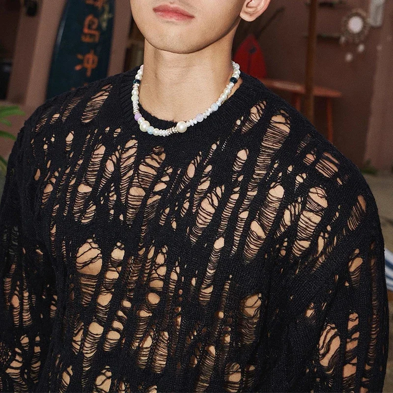 Vintage Ripped Hollow Out Mesh Knit Tops Men 2025 Spring Streetwear Fashion Crew Neck Long Sleeve Knitted T Shirt Mens Clothing image 5