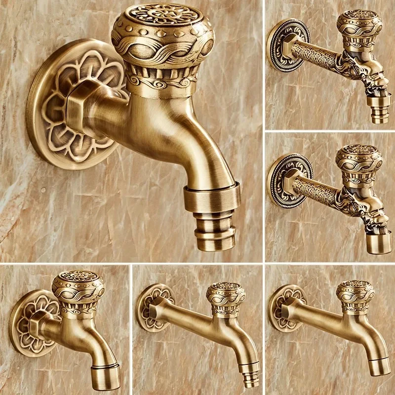 Carved Washing Machince Faucet Garden Bibcocks Tap Antique Brass Dragon Carved Washing Machine Faucet Outdoor Faucet Cold Tap