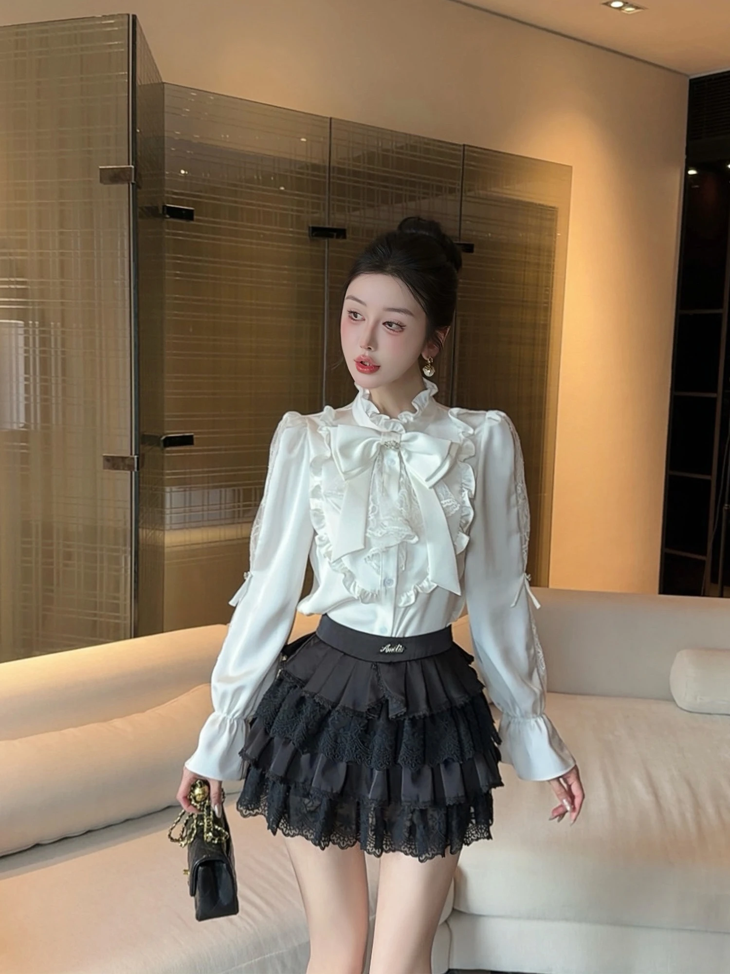 

LADIES FIRST Retro Court Sle irt with Bow Tie Lace Splicing ort Top Women's Casual Faion Polyester Long Sve Spring...