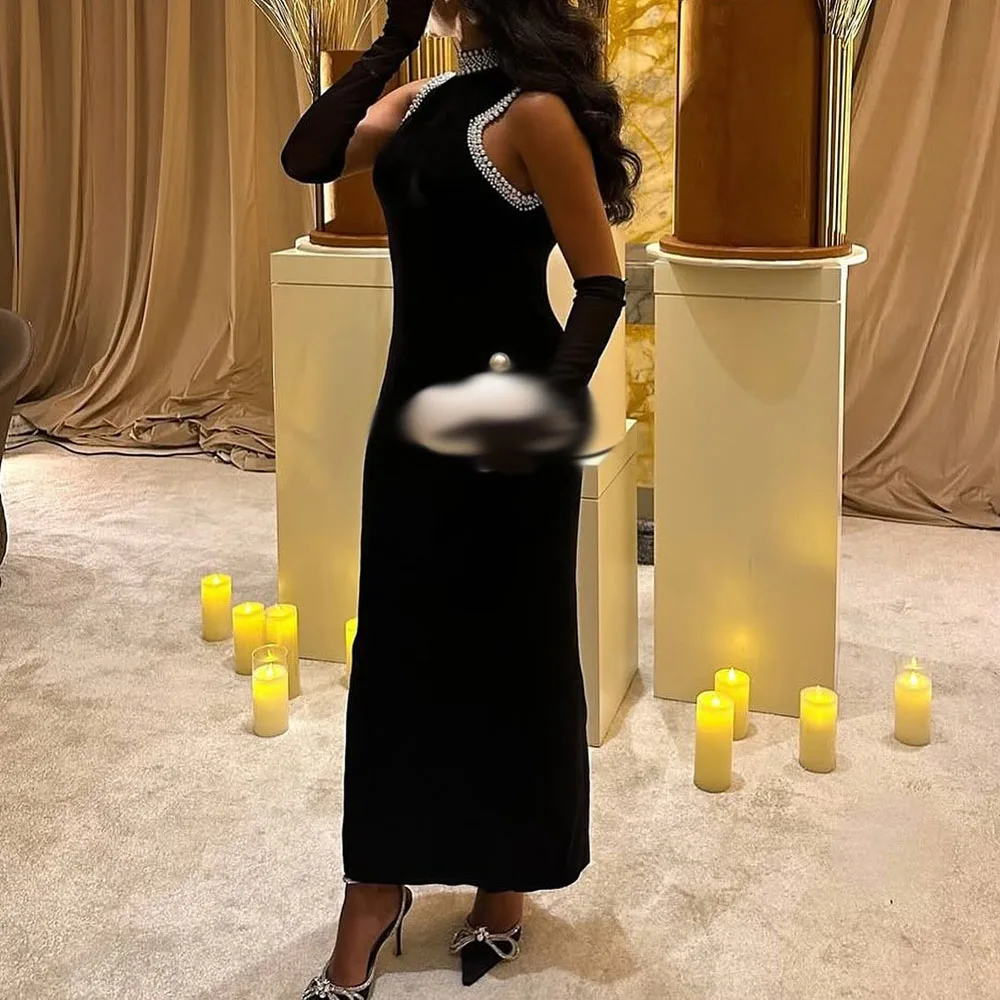 

Customized A-Line Prom Dresses Ankle-Length High-Neck Half Sleeve Evening Gown Fashion Crystal Beading Simple Party Gown