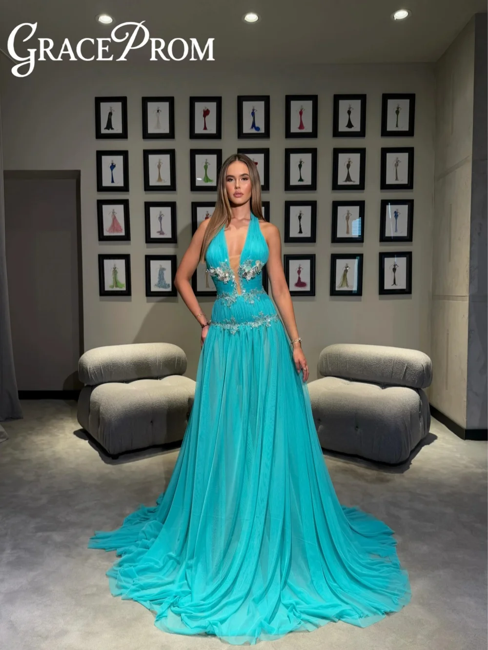 

Shiny Beaded Floral Embelishments Evening Dress Sexy Halter A-line Tulle Wedding Party Gown Customized Charming Prom Dresses