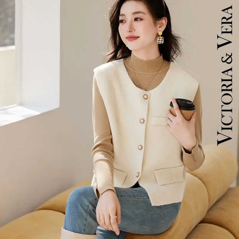 VICTORIA&VERA 2024 Autumn and Winter New Style Vest for Women O-neck Solid Color Basic Versatile Knitted Vest