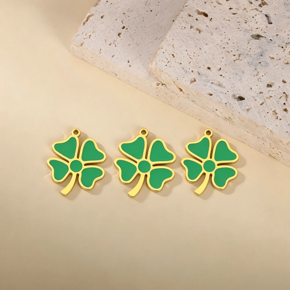 3pcs Green Enamel Four-Leaf Clover Charms Stainless Steel Pendant DIY Acccessory For Bracelet Necklace Earring Jewelry Making