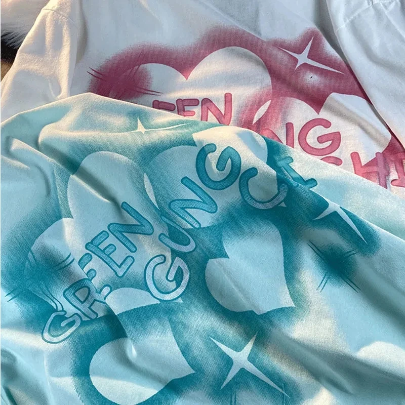 المرأة التي شيرت الحب إلكتروني الطباعة الحلو ولطيف بلوزة فضفاضة عادية تي شيرت قصير بارك الشرير قطعة علوية Y2K المرأة Harajuku س الرقبة