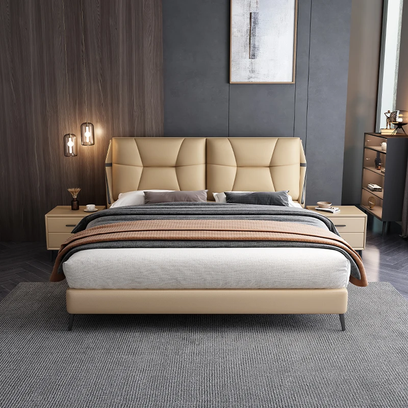 #Upholstered Italian Luxury Bedroom Furniture Double Bed Solid Wood Frame Leather Bed king Size Bed