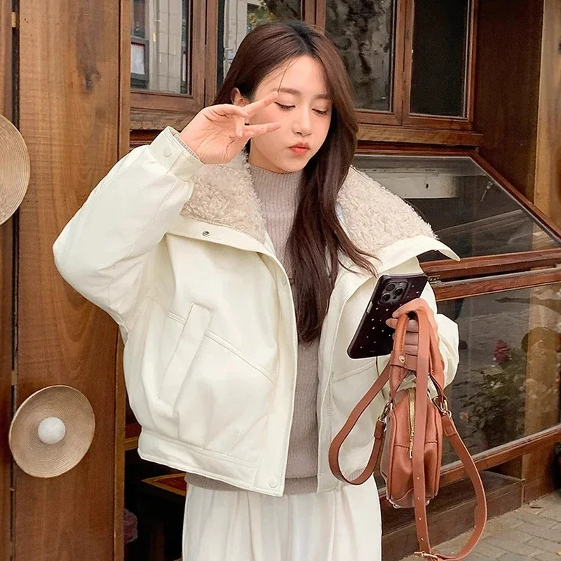 Woman Winter Zipper Up Thickened Leather Jacket Mujer Chic Faux Lamb Wool Parkas for Women Turn Down Collar Warm Parkas