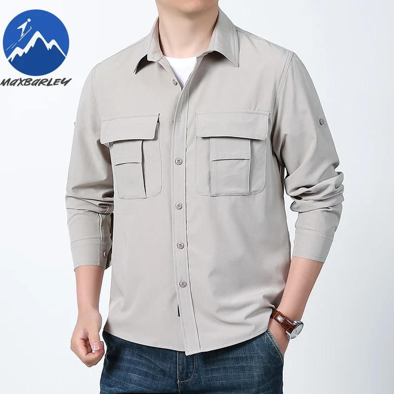 

2026 Outdoor Long Sleeve Shirt Men Spring and Summer New Ice Silk Thin Pocket Top Man Clothing Hiking Elastic Slim Button Shirts