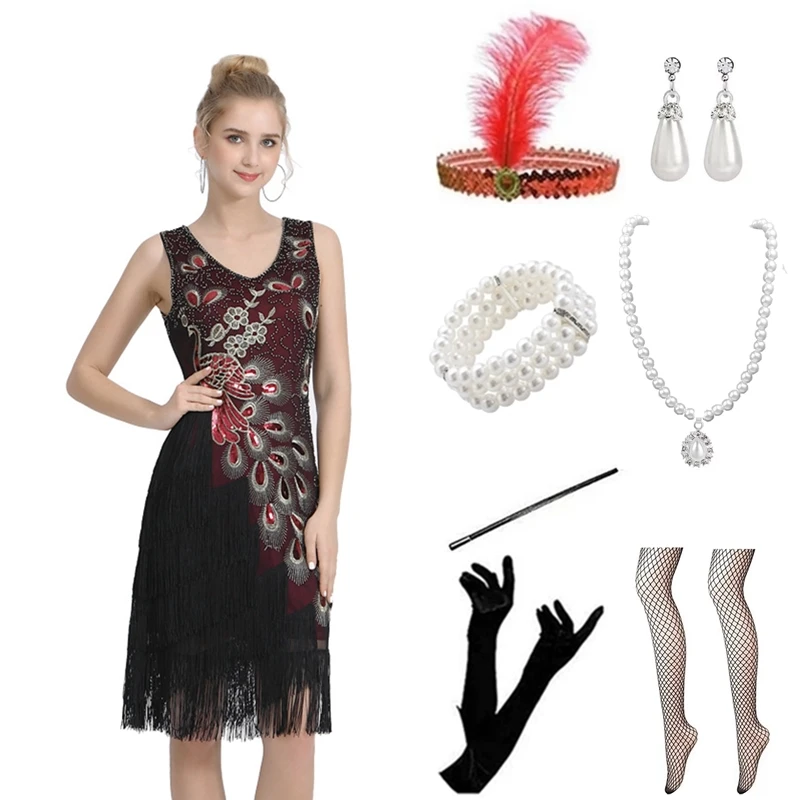 

1920s Flapper Roaring 20s Great Gatsby Costume Fringed Sequin Beaded Dress and Embellished Art Deco Dress Accessories