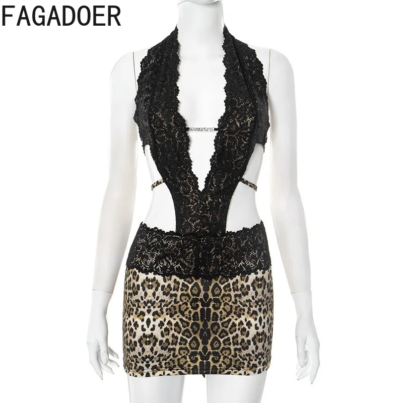 FAGADOER été nouveau Sexy imprimé léopard robe moulante femmes dentelle Patchwork profond V évider robes femme Streetwear robes
