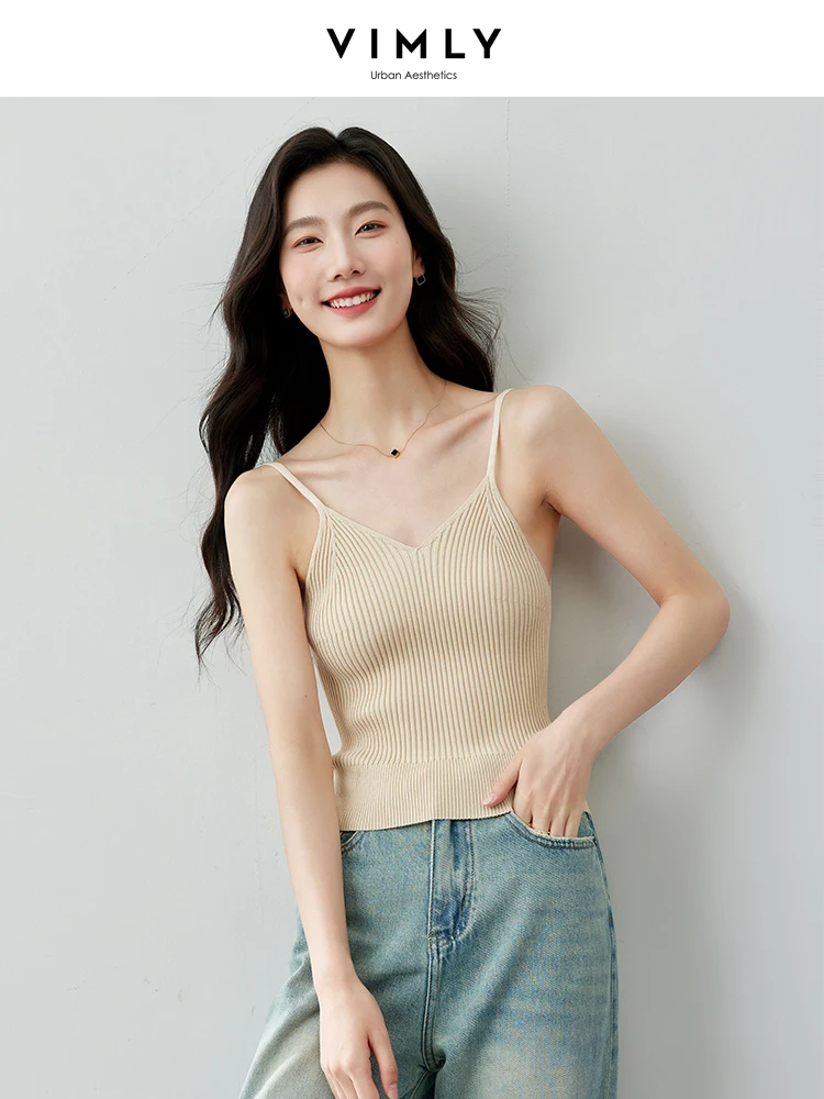 VIMLY Sexy Women Sleeveless V-Neck Knitted Camis Tee Tank Tops 2024 Summer Camisole Slim Solid Bottoming Tops Vest  73051