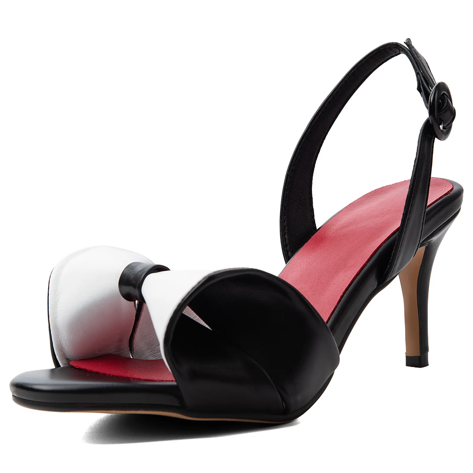 Women Black White Color Block Twist Knot Slingback Sandals Open Toe Kitten Heels Buckle Back Strap Party Commuter Dress Shoes
