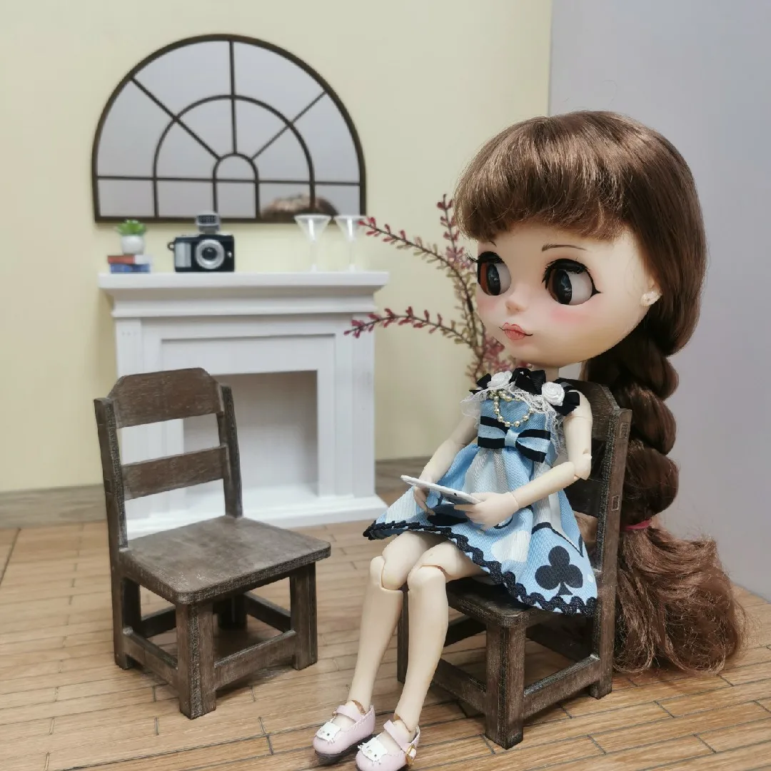 1/6 Domek dla Lalek Model Mebli Akcesoria Vintage Drewniany Okrągły Stół Krzesło Jadalniane Stolik Kawowy Bjd Ob11 Gsc Blyth Lol Miniaturki