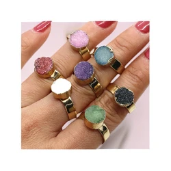 Natural Druzy Crystal Rings Adjustable Open Finger Rings Round Ring for Women Men Party Wedding Drusy Quartz Fashion Jewelry