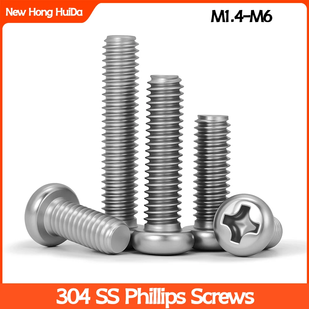 304 Stainless Steel Phillips Pan Head Machine Screw Cross Recessed Metric Bolt M1.4-M6 Hardware Fastener For Electronic Assembly