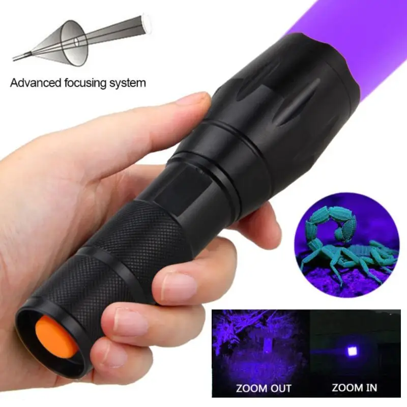 2 IN 1 Dual Light UV Flashlight 395nm Zoomable Ultraviolet Torch for Pet Urine Stain Locate Outdoor Hiking Emergency Lighting