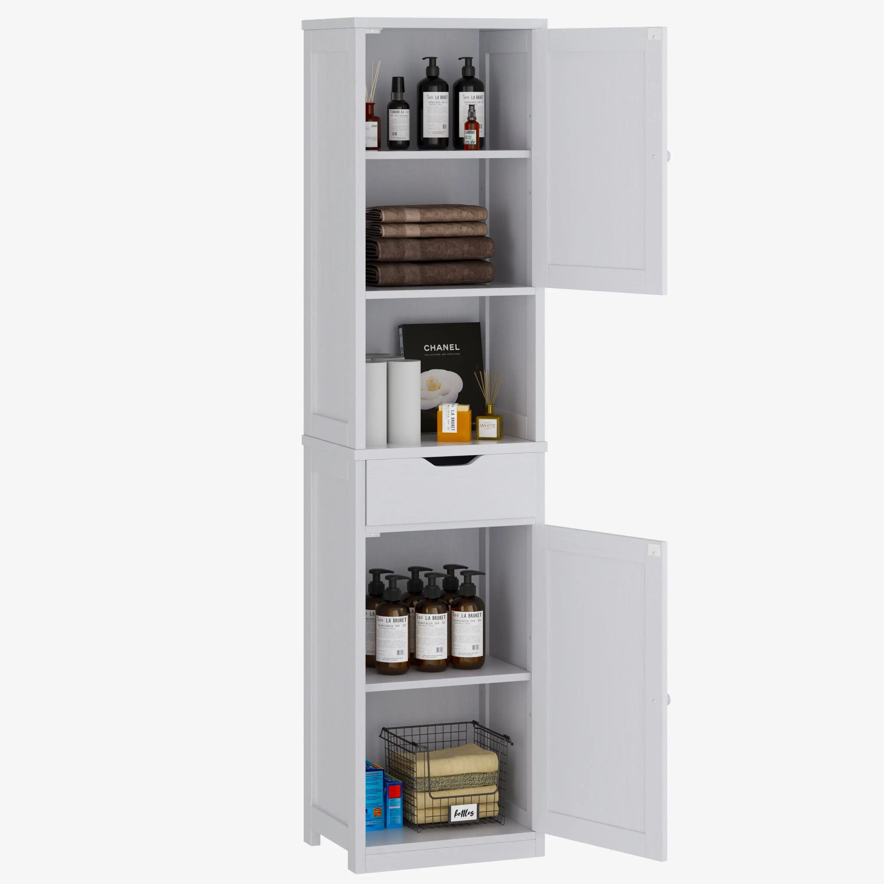 

Bathroom Storage Cabinet 64" Tall Wooden Kitchen Cupboard Pantry Cabinet with Doors Shelves Drawer