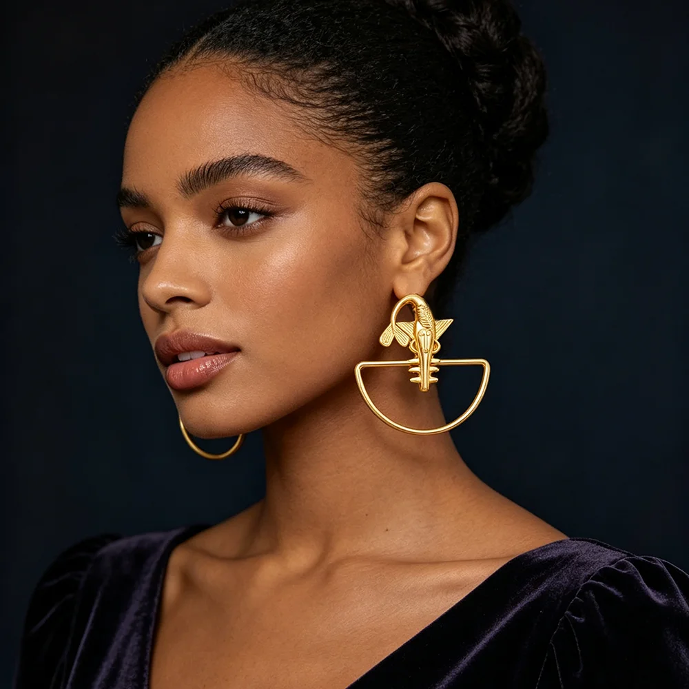18K vergoldetes Kleopatra-Königin-Halbkreis-Ohrringe- und Ring-Set für Damen, luxuriöse Hochzeits- und Party-Accessoires, Geschenk – Detail 6