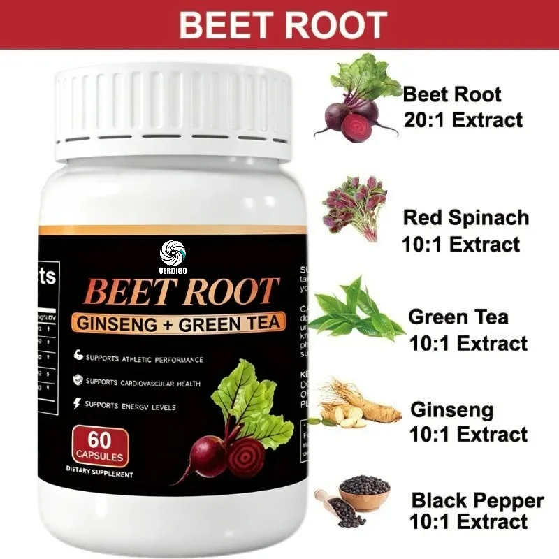 Beetroot Supplement Containing Ginseng, Green Tea, Red Spinach, Black Pepper -60 Capsules