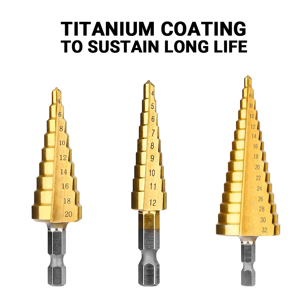 3-12mm/4-12mm/4-20mm Hss Step Drill Bit, Straight Groove DrillTitanium Coated Metal Driller, Drilling Tools Set