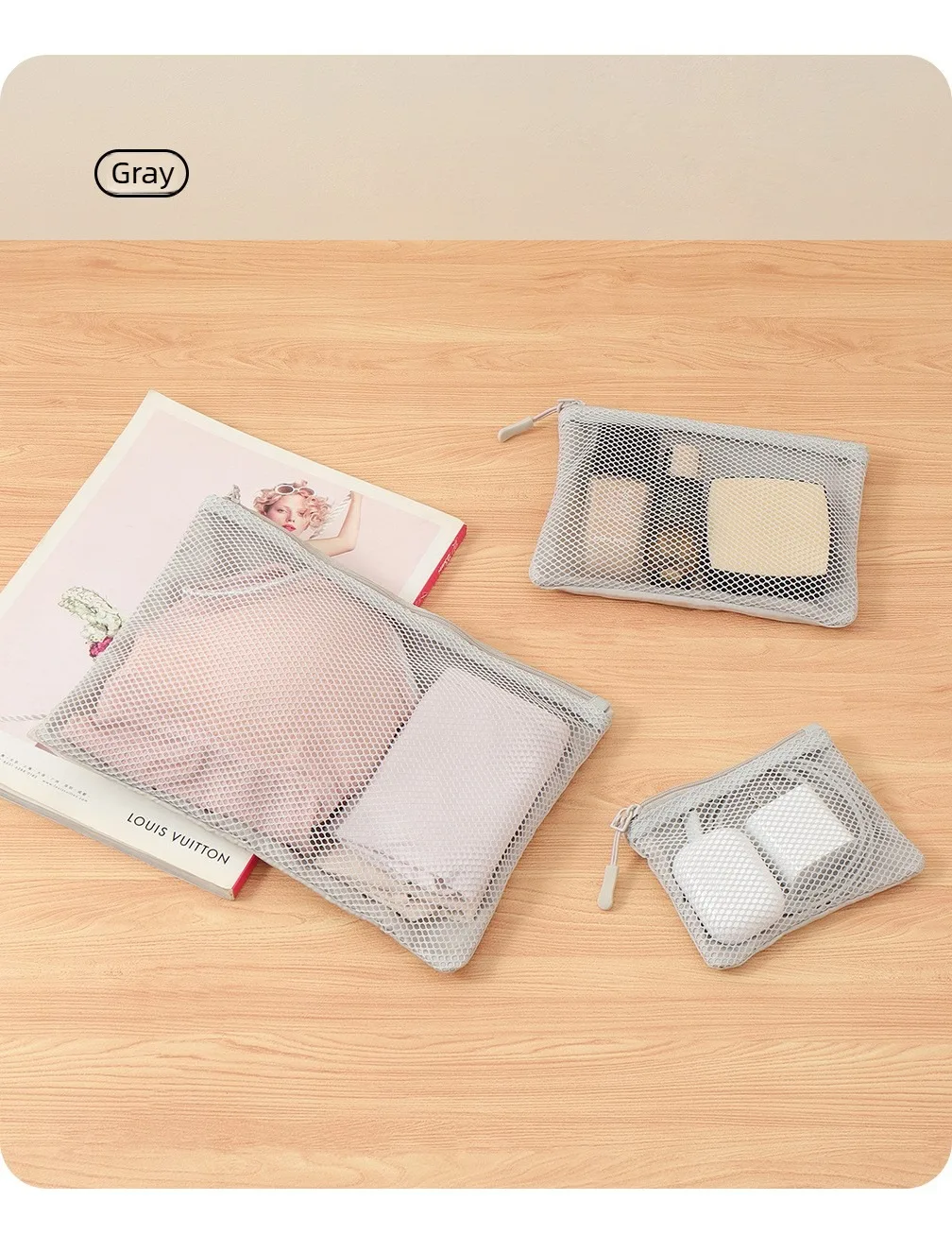 Mesh-Tech-Organizer-Tasche mit Doppelreißverschluss aus Polyester für Kabel, Ladegeräte, tragbare Reise-Make-up-Aufbewahrungstasche für den Heimgebrauch – Detail 12