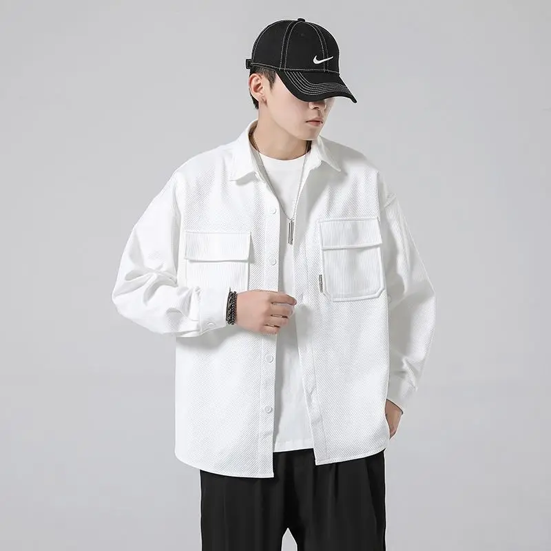 

Loose Casual Men's irt New Autumn Faion Versatile Outerwear Stand Fit Long Sve Pure Color Button up ex