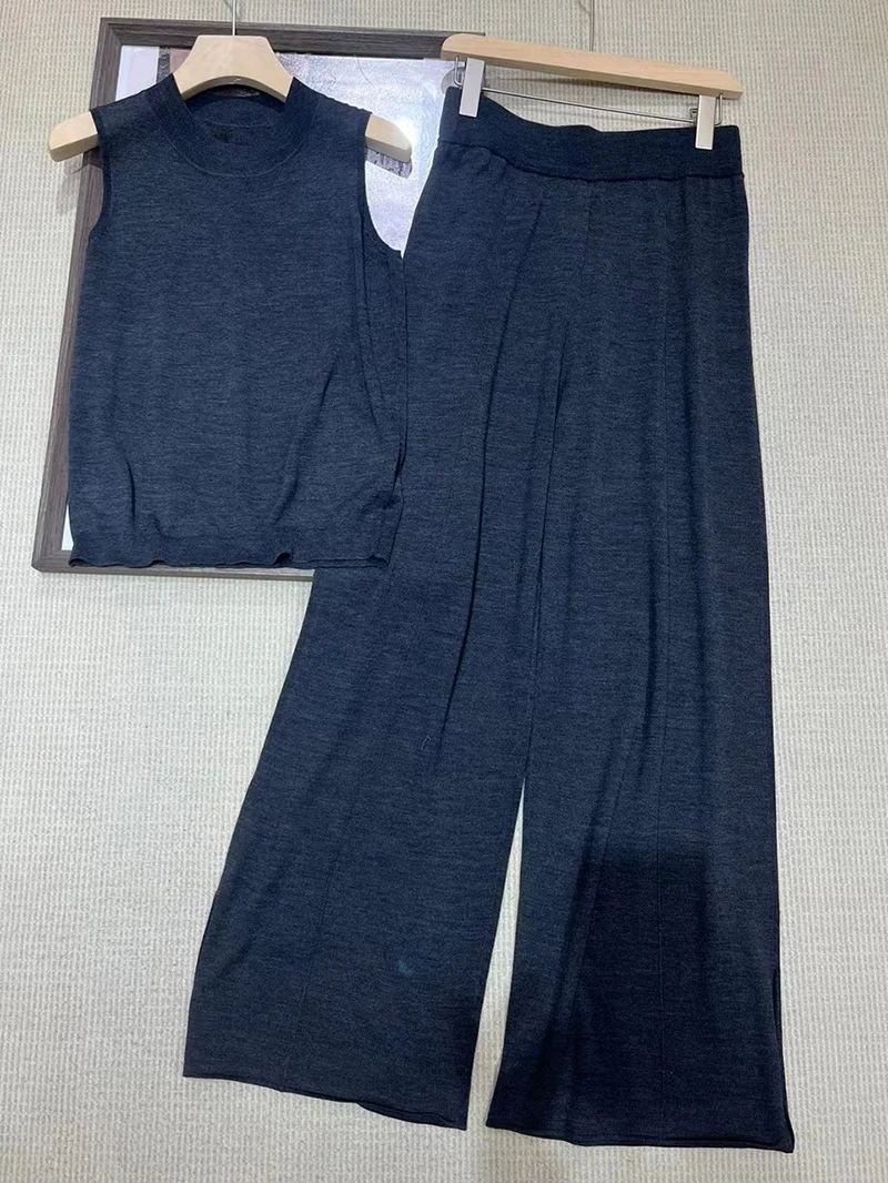 Spring summer merino wool silk blend knitted pants suit