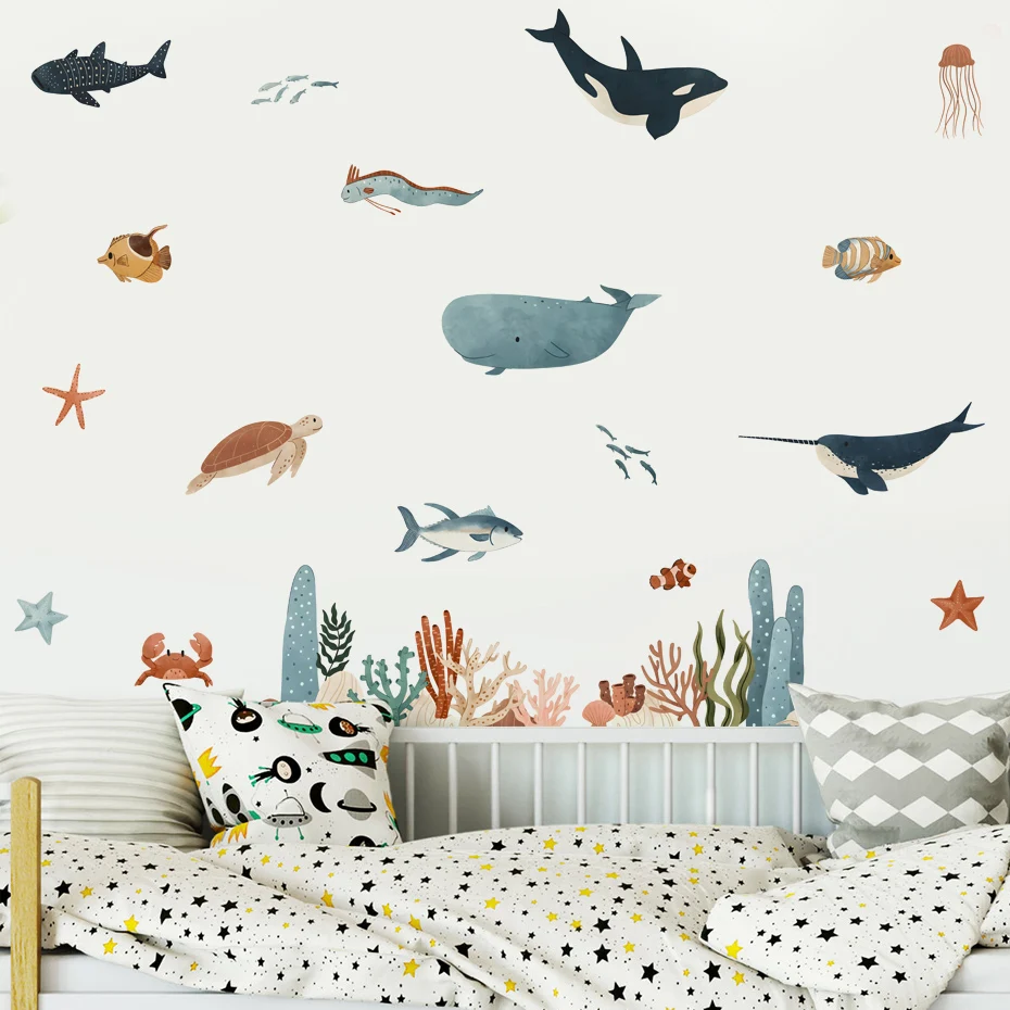 Sea Animals Wall Sticker Underwater World Fish Wall Decal Vinyl Nursery Art Decals for Babys Boys Room Home Decor