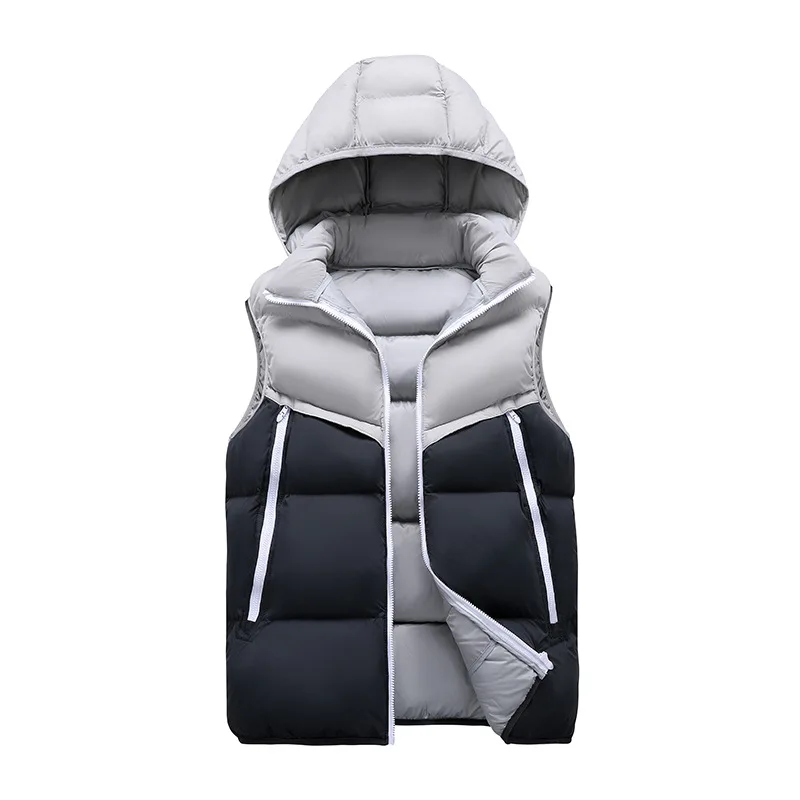 

Men Down Waistcoat Autumn Winter Thicken Warm Patchwork Zipper Male Vest Stand Collar Sleeveless Detachable Hooded Man Coat