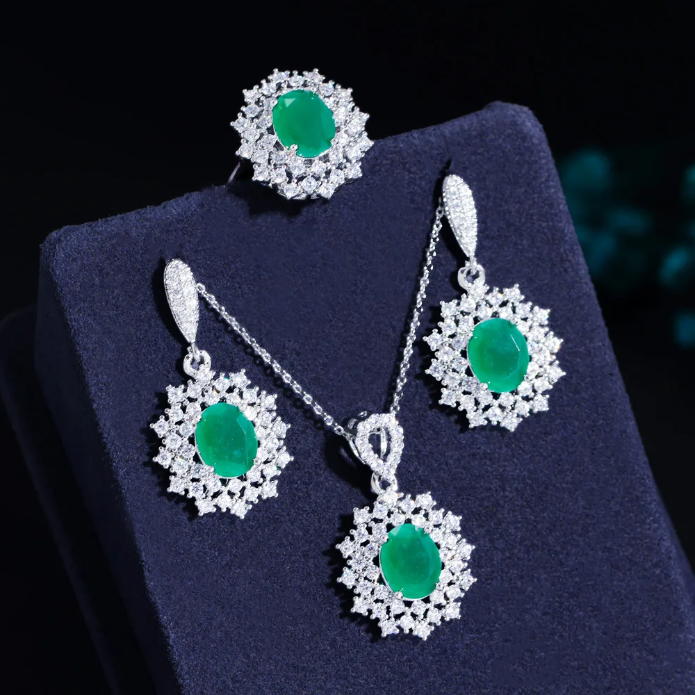 CWWZircons 3 pcs Gorgeous Rose Red Cubic Zirconia Crystal Silver Plated Flower Drop Earring Necklace Jewelry Sets for Women T618 image 4