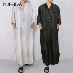 YUFEIDA Men Robes Kaftan Muslim Arab Islamic Vintage Long Sleeve Striped Thobe Muslim Kaftan Loungewear Plus Size Arabia Abaya