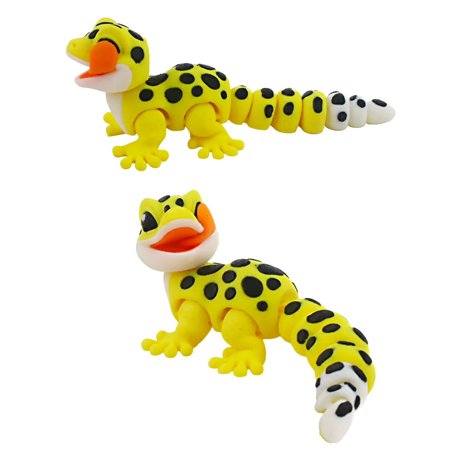 

3D printed lizard licking its eyeballs, tiger spotted gecko toy, integrated articulated animal model figurine, desktop ornament