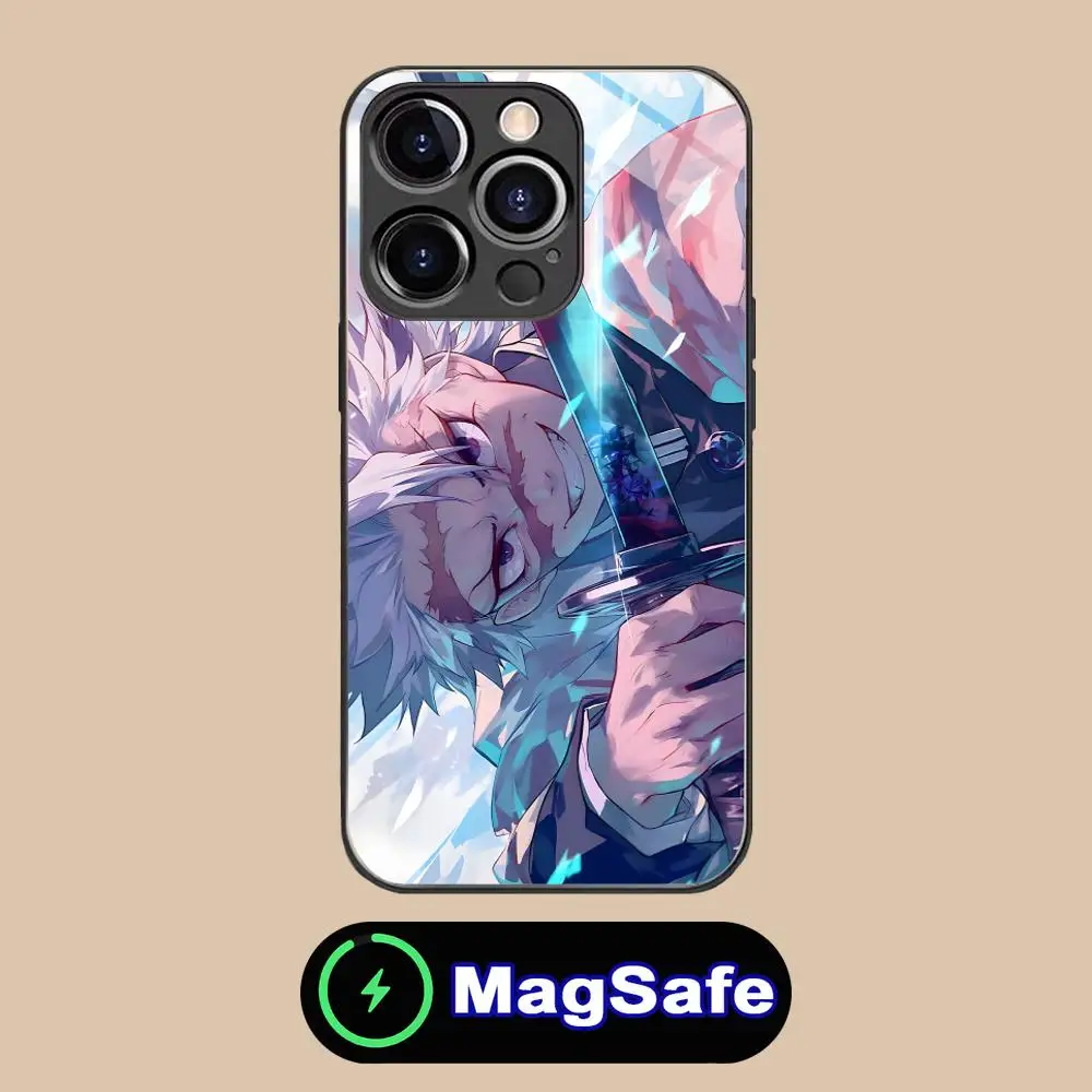 حافظة هاتف Demon Slayer Sanemi لهاتف iPhone 16 15 14 13 12 11 Pro Max Plus Mini MagSafe لون زجاجي واقي للهواتف الذكية جميل