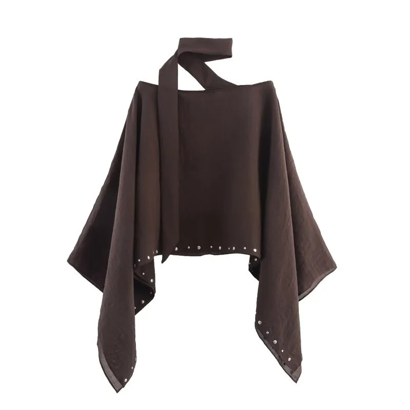 Women's Casual Loose Batwing Sleeve Off Shoulder Top with Studs - Spring Summer Fashion Blouse for Daily Outings & Travel