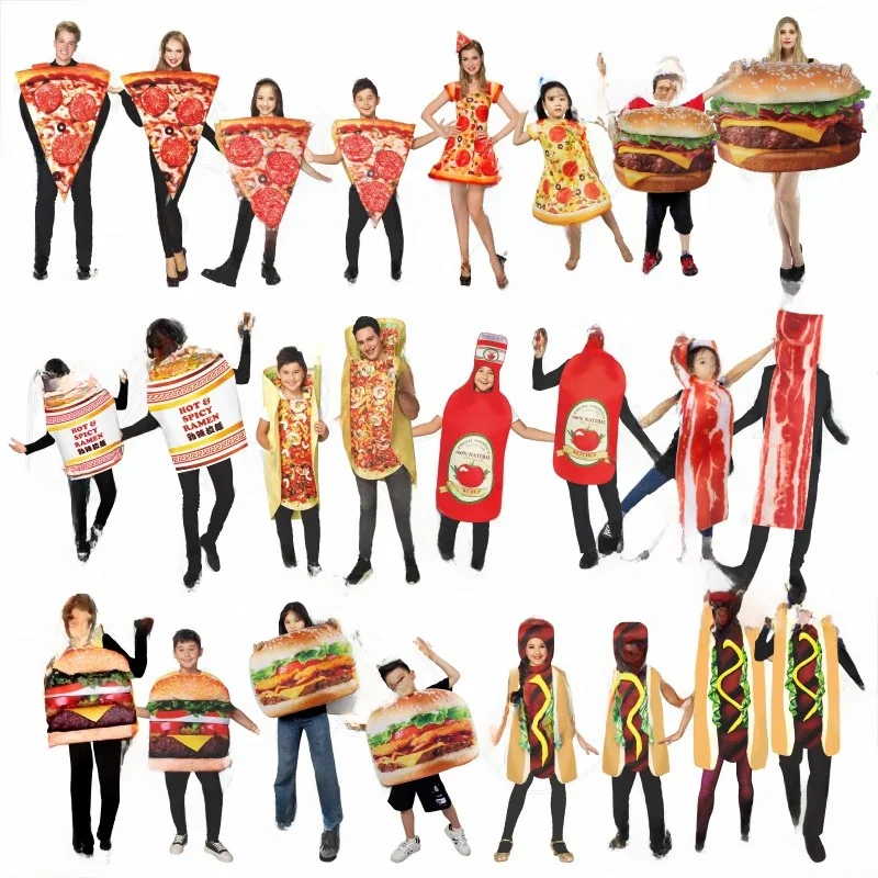 

loween Parent-Child Cosplay Costume Funny Burger Hot Dog Pizza Pork Noodles Performance Clothes Polyester Material