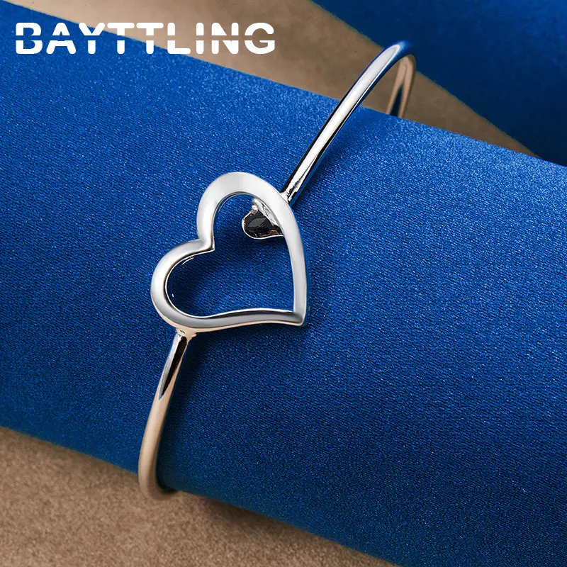 

BAYTTLING Charm 925 Sterling Silver Open Heart Bangle Bracelet For Women Fashion Jewelry Wedding Engagement Gift Party