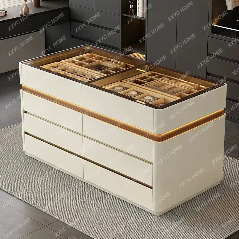 XXModern Light Luxury Solid Wood Jewelry Cabinet Middle Island Floor Standing Multi Drawer Storage with LED Light for Bedroom