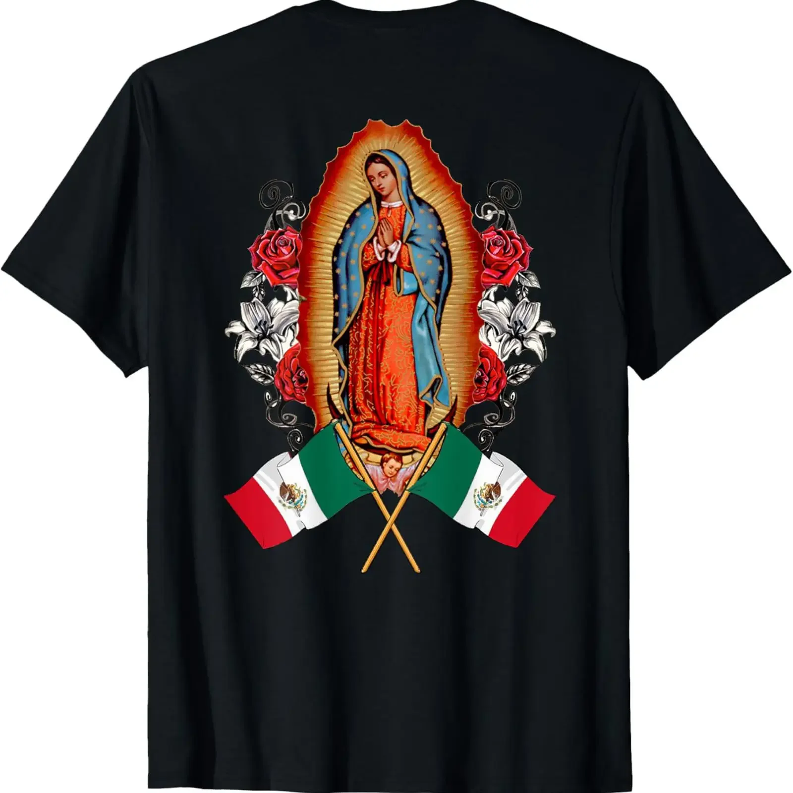 Camiseta con la imagen de Nuestra Señora Virgen de Guadalupe y la bandera mexicana, estilo vintage, lavada, con gráfico, informal, ropa de diseñador.