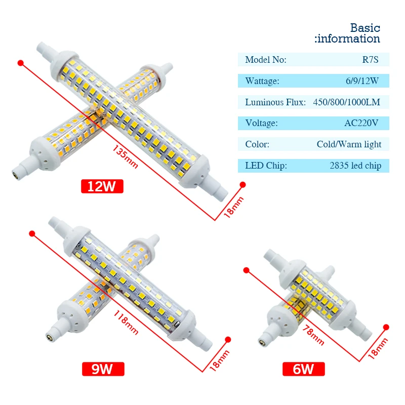 Imagem -02 - Led Tubo Cerâmico Smd 2835 Bulbo Lâmpada de Milho de Alta Potência Substituir Halogênio Luz 220v R7s J78 J118 J135 78 mm 118 mm 135 mm