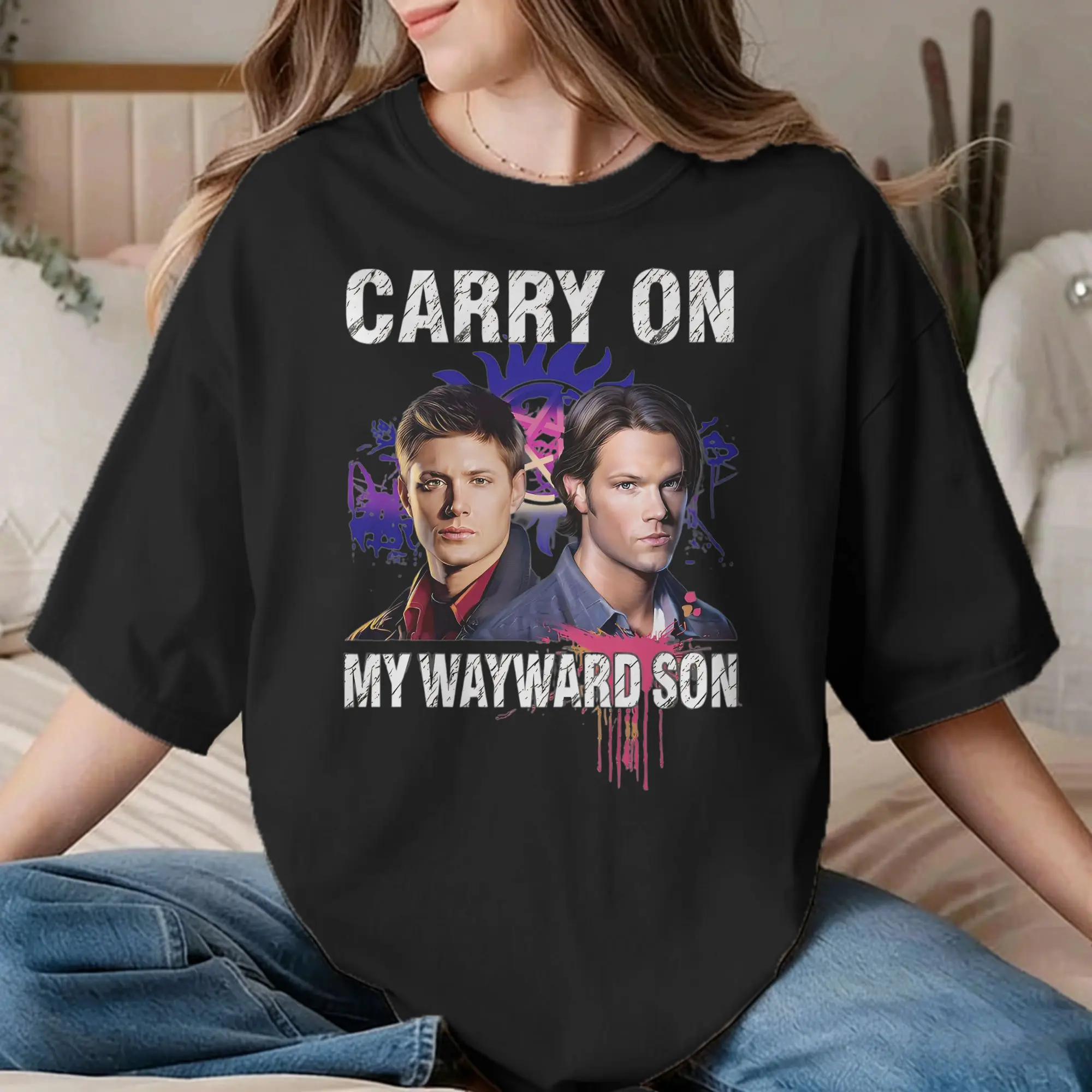 Men Women's T-Shirts Carry On My Wayward Son Vintage Cotton Tee Shirt  Supernatural TV T Shirt Round Neck Clothes Gift Idea