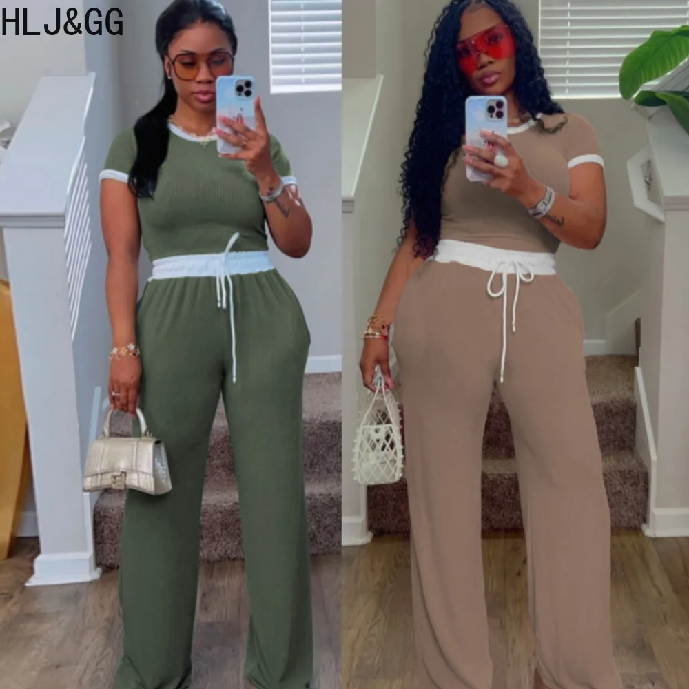 

HLJ&GG Spring New Color Splicing Drawstring Pants Two Piece Sets Women Round Neck Short Sleeve Crop Top + Pants Outfits Clothing