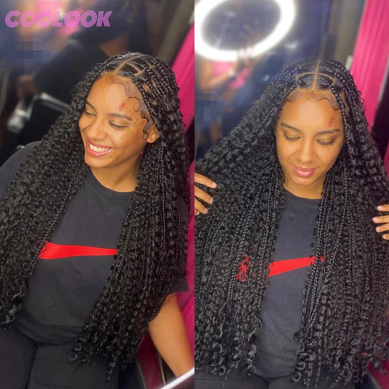 Goddess Bohemia Braided Wigs Glueless Box Braided Wig Full Lace Cornrow Braids For Black Women Synthetic Knotless Curly Braids