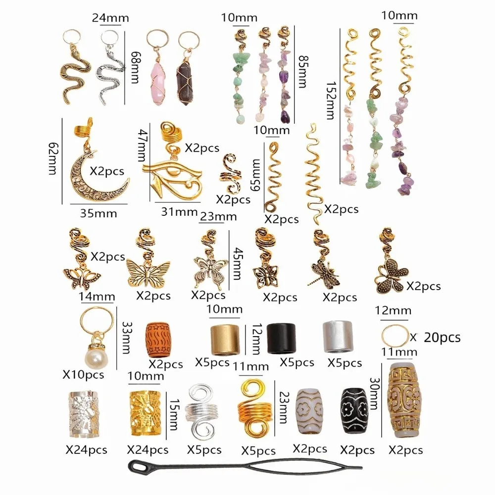 121/146PCS Hair Jewelry for Braid Alloy Dreadlock Hair Rings Cuffs Natural Stone Charm Headwear Hair Accessories for Women Girls